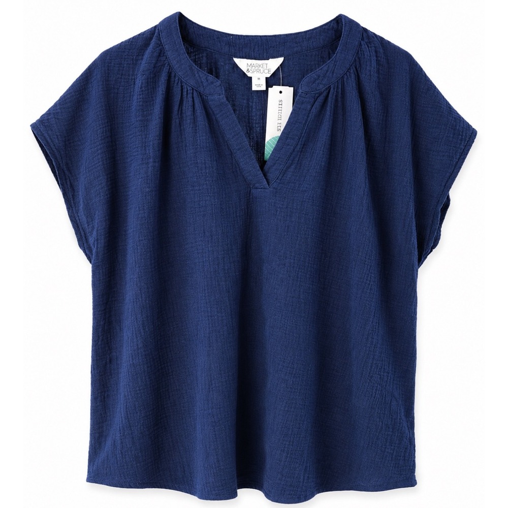 Market & Spruce‎ Navy Cotton Gauze Blouse Women's M NWT Short Sleeve Tunic Top